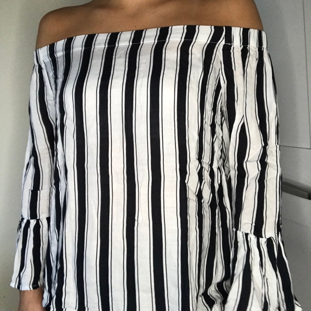 black and white striped off the shoulder blouse!